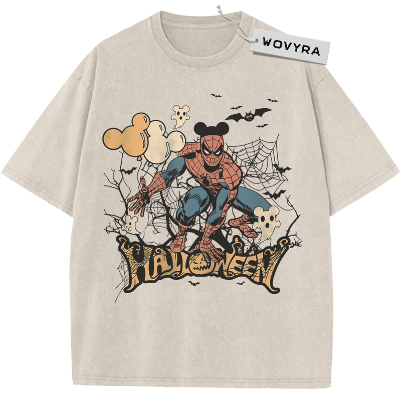 Vintage T-shirt featuring Spider-Man posed with pumpkin and cobweb details under Halloween lettering