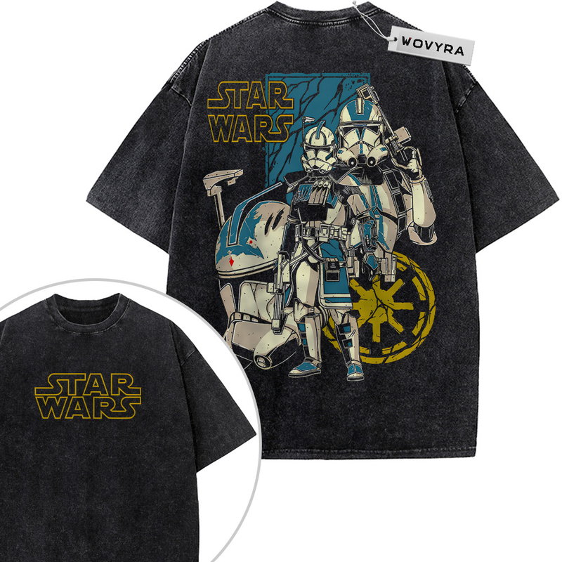 2-sided vintage T-shirt featuring armored Clone Trooper figures arranged with blue panels and gold lettering