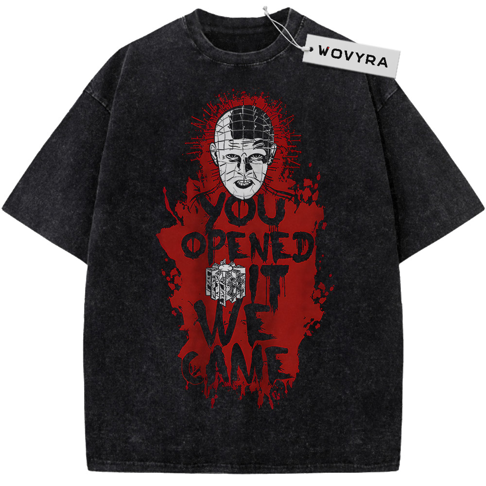Hellraiser Pinhead You Opened It Vintage T-Shirt with a pin-covered face above red You Opened It We Came lettering