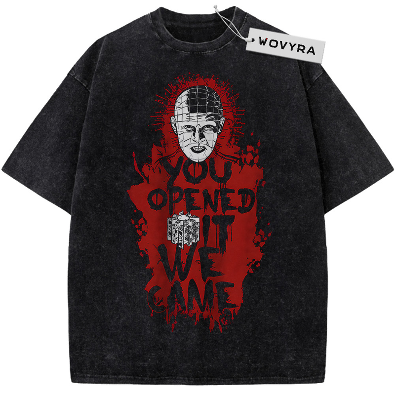 Hellraiser Pinhead You Opened It Vintage T-Shirt with a pin-covered face above red You Opened It We Came lettering