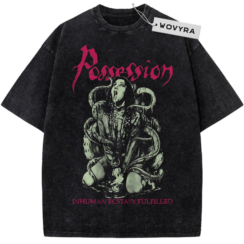 Vintage T-shirt featuring a pale twisting creature and figure beneath pink Possession lettering