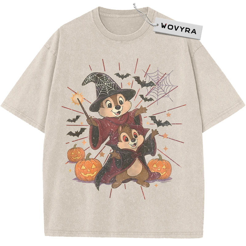 Vintage T-shirt featuring Chip and Dale in witch outfits surrounded by pumpkins and bats