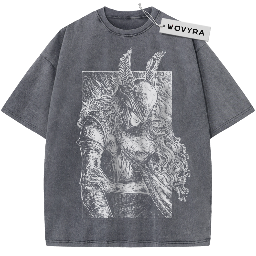Charcoal gray Malenia T-shirt with a framed white winged-helmet portrait