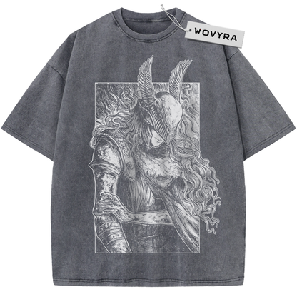 Charcoal gray Malenia T-shirt with a framed white winged-helmet portrait