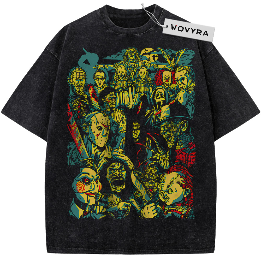 Slasher Villains Green Collage Vintage T-Shirt with a crowd of horror faces rendered in green and yellow tones