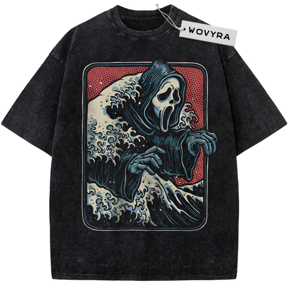 Ghostface Great Wave Vintage T-Shirt with a masked figure emerging from blue waves inside a red frame