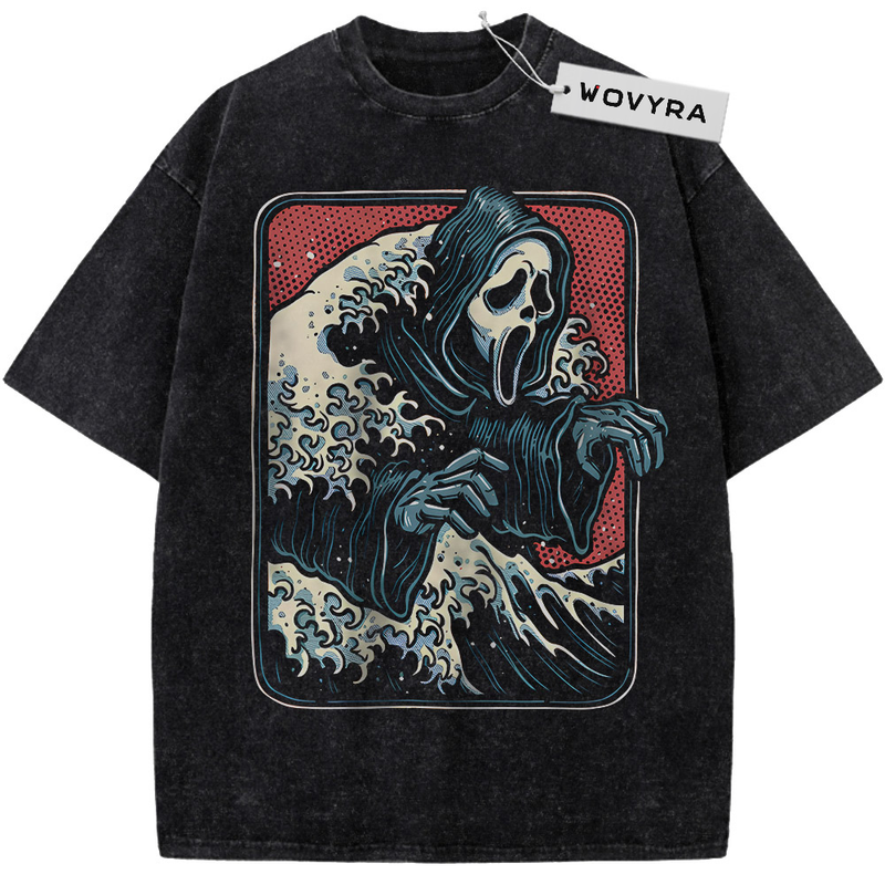 Ghostface Great Wave Vintage T-Shirt with a masked figure emerging from blue waves inside a red frame