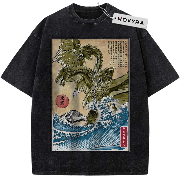 Black King Ghidorah T-shirt with a framed three-headed dragon and blue wave print