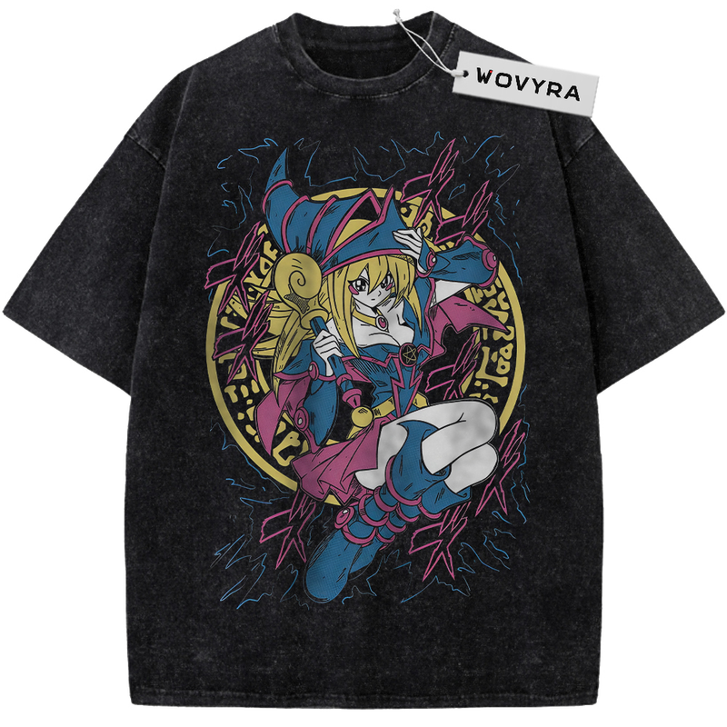 Dark Magician Girl Purple Lightning Vintage T-Shirt with a magician portrait with purple lightning and a gold circular motif