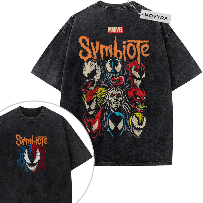 2-sided vintage T-shirt featuring a collection of colorful symbiote faces beneath orange title lettering