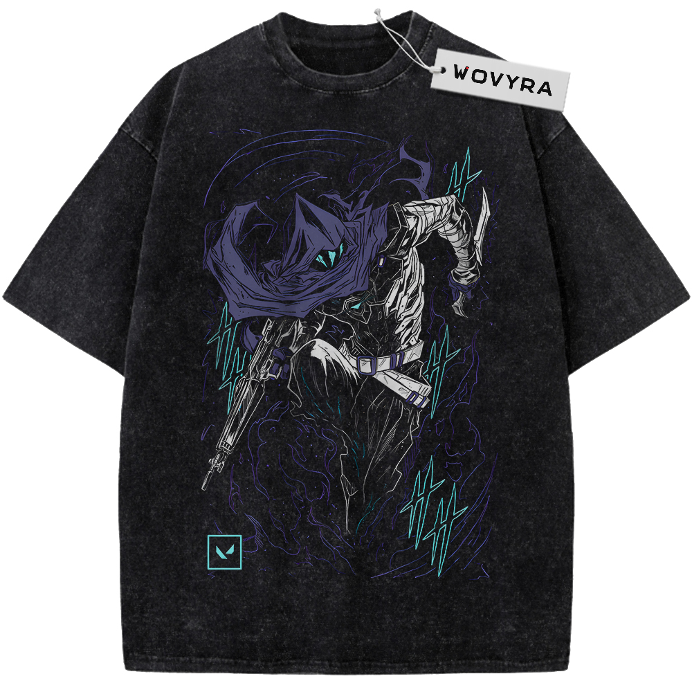 Vintage T-shirt featuring Omen in a dark hooded composition with purple and teal accents