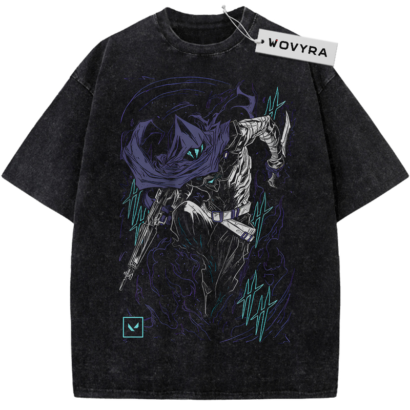 Vintage T-shirt featuring Omen in a dark hooded composition with purple and teal accents