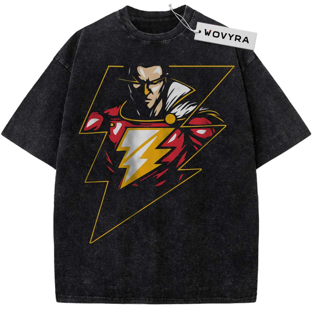 Shazam Lightning Portrait Vintage T-Shirt with a superhero portrait above a yellow lightning bolt