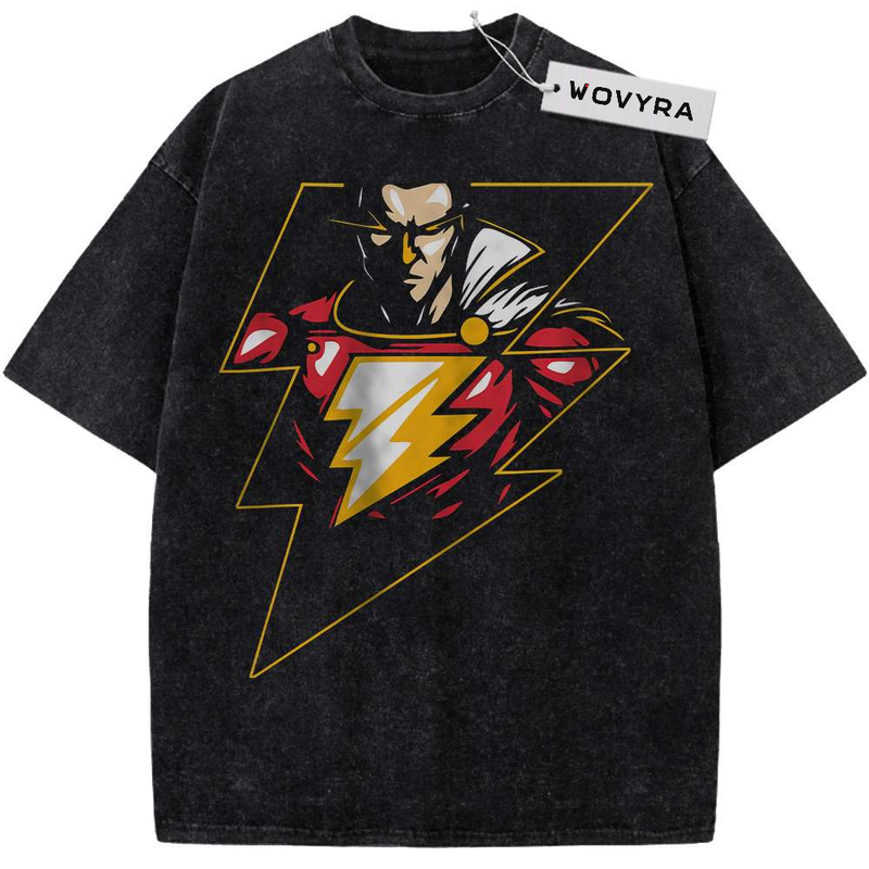 Shazam Lightning Portrait Vintage T-Shirt with a superhero portrait above a yellow lightning bolt