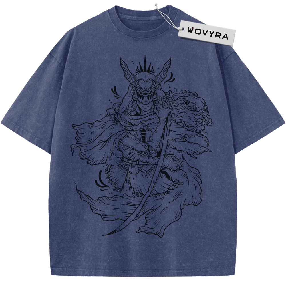 Blue horned warrior T-shirt with black line-art character illustration