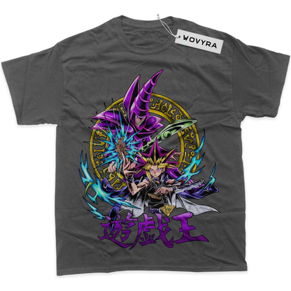 Dark grey WOVYRA Dark Magician and Yugi classic T-shirt with a purple magician and colorful circular sigil