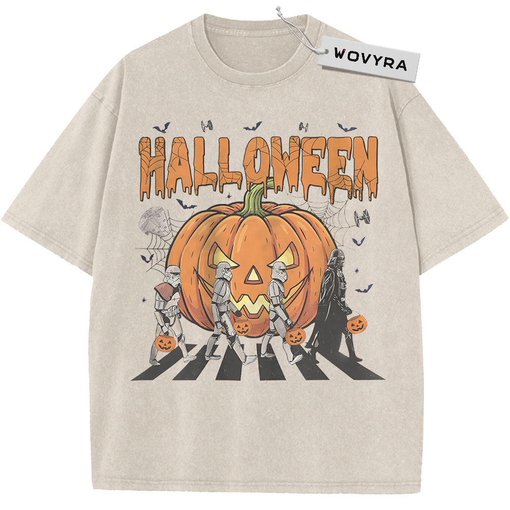 Vintage T-shirt featuring a giant jack-o'-lantern above a Star Wars character crossing scene