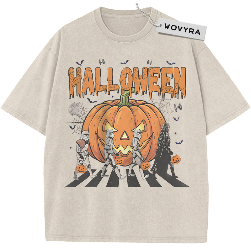 Vintage T-shirt featuring a giant jack-o'-lantern above a Star Wars character crossing scene