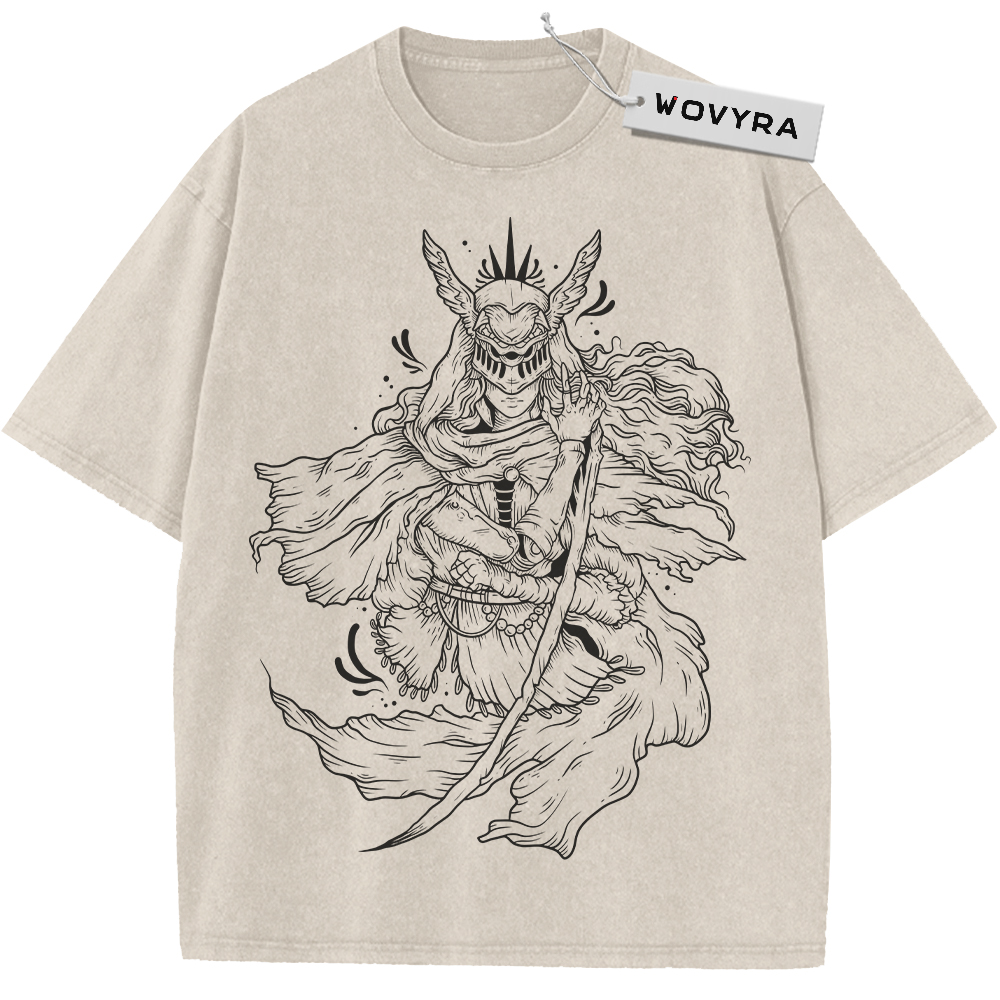 Horned Warrior Line Art Vintage T-Shirt with a bearded warrior in a horned crown drawn in fine black lines