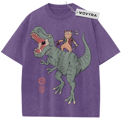 Purple Samurai Cat Dinosaur T-shirt with a sword-carrying cat riding a green dinosaur
