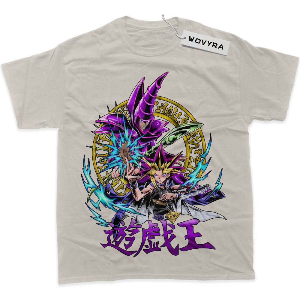 Sand WOVYRA Dark Magician and Yugi classic T-shirt with a purple magician and colorful circular sigil