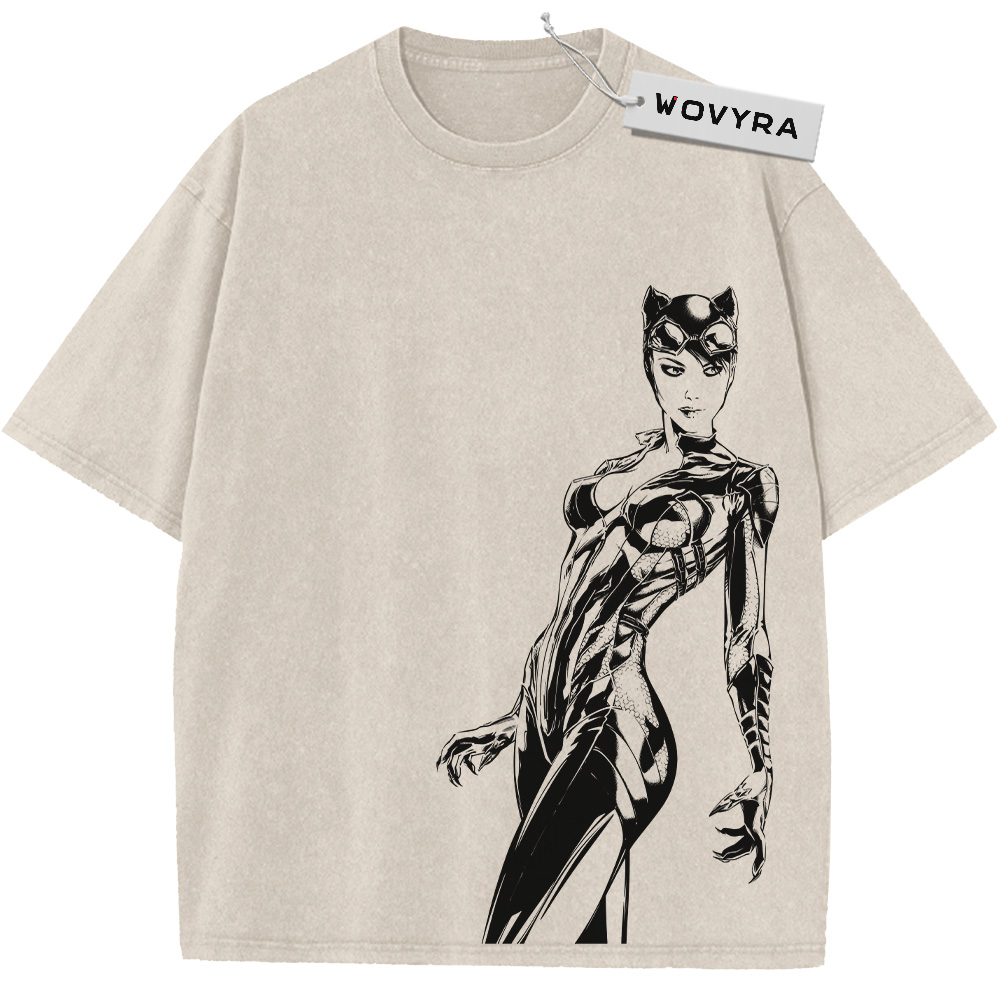 Catwoman Monochrome Portrait Vintage T-Shirt with a slim black-and-white Catwoman portrait with a long whip
