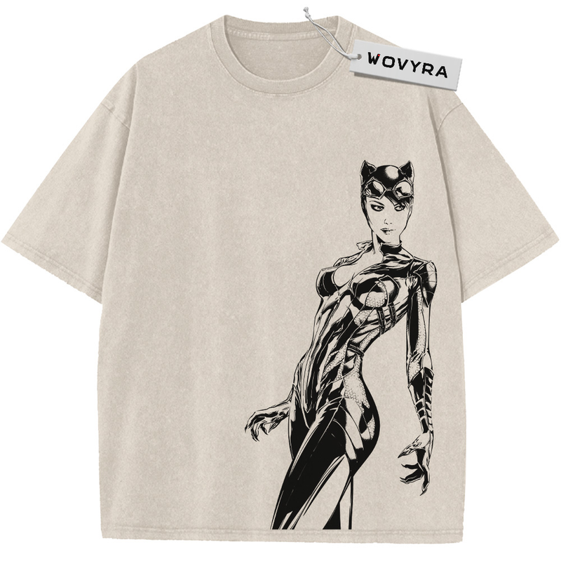 Catwoman Monochrome Portrait Vintage T-Shirt with a slim black-and-white Catwoman portrait with a long whip