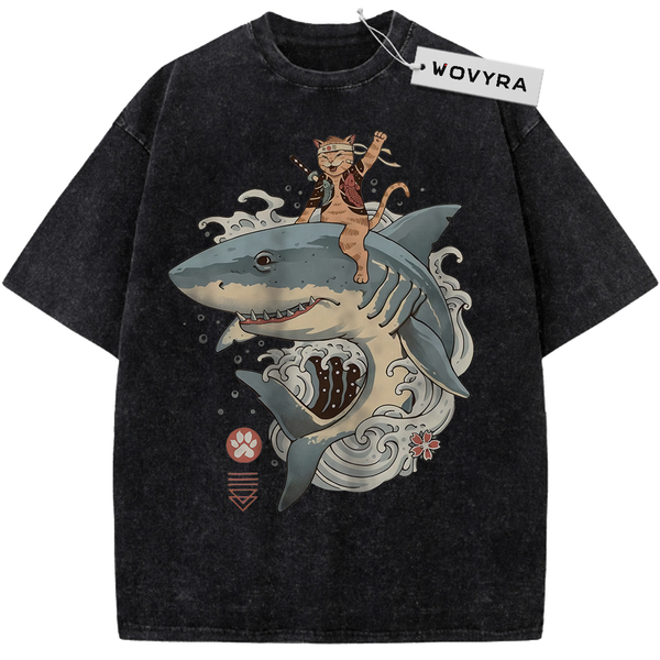 Black Samurai Cat Shark T-shirt with a cat riding a shark through curling waves