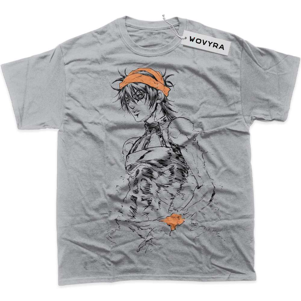 Gray Narancia Ghirga T-shirt with line-drawn character artwork and orange headband