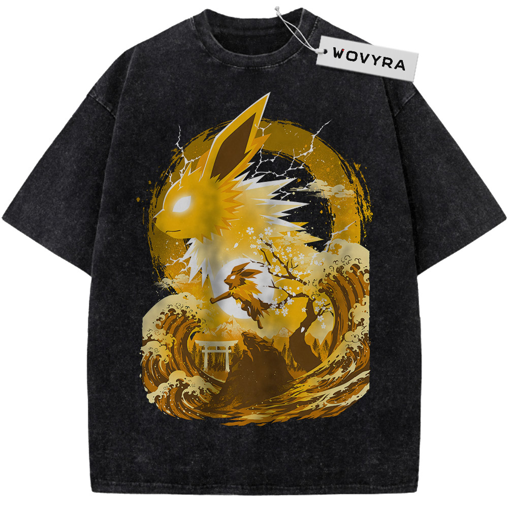 Pokemon Jolteon Golden Wave Vintage T-Shirt with a golden spiky-eared silhouette above swirling waves