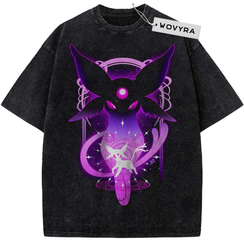 Vintage T-shirt featuring an Espeon silhouette and smaller figure in a glowing purple ornamental design
