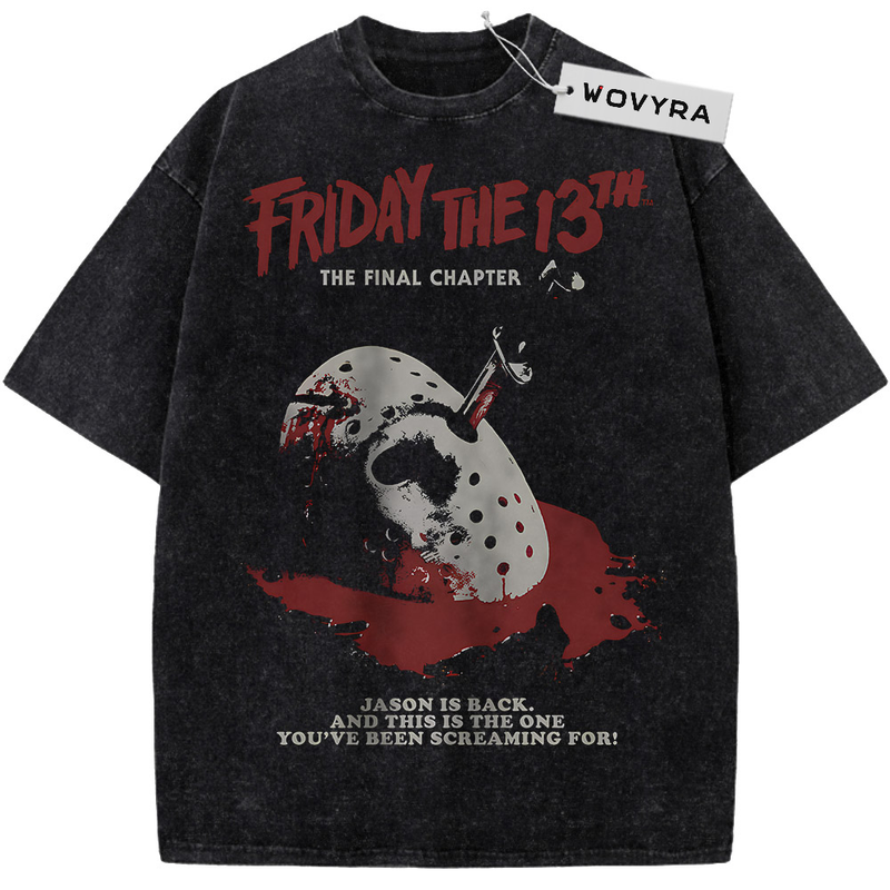 Friday the 13th Jason Voorhees Final Chapter Mask Vintage T-Shirt with a hockey mask and blade above red paint-like marks