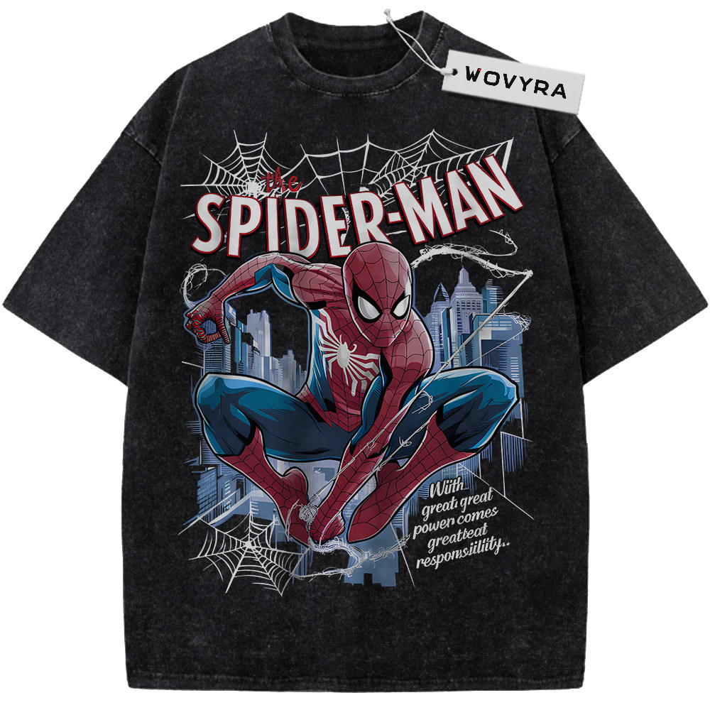 Marvel Spider-Man City Crouch Vintage T-Shirt with a crouching Spider-Man against a blue city and white webs