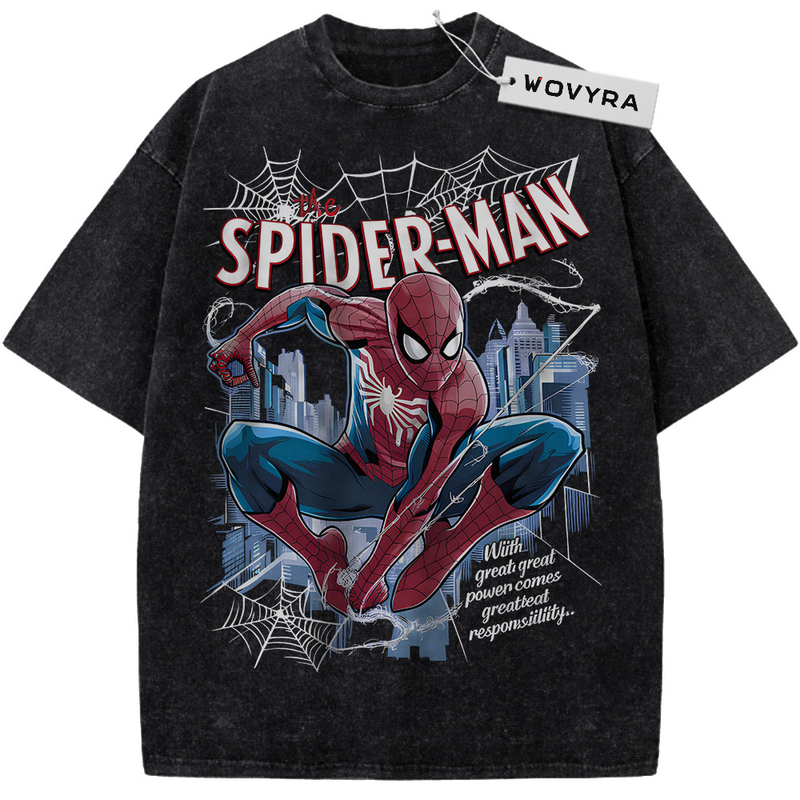 Marvel Spider-Man City Crouch Vintage T-Shirt with a crouching Spider-Man against a blue city and white webs
