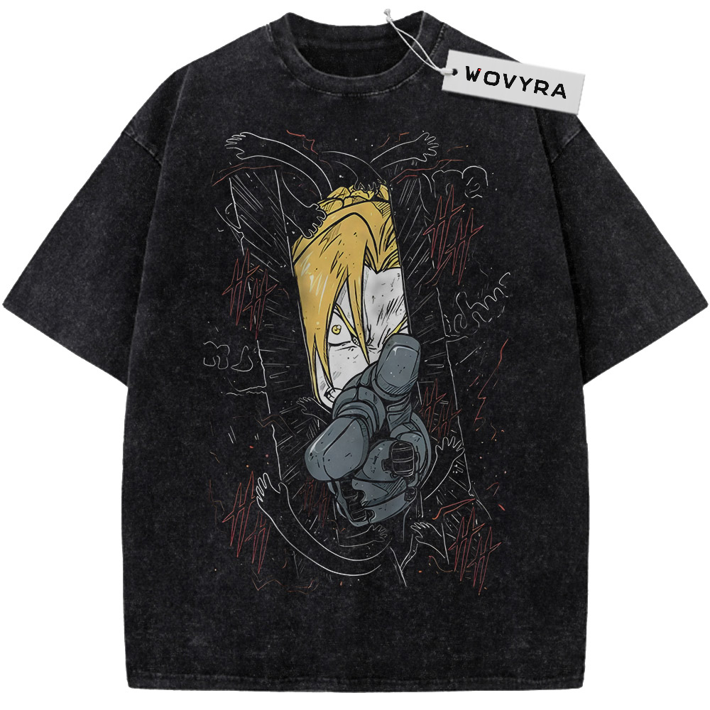 Fullmetal Alchemist Edward Elric Pointing Portrait Vintage T-Shirt with a blond character pointing forward against dark linework