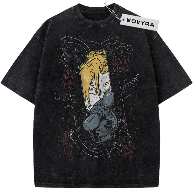 Fullmetal Alchemist Edward Elric Pointing Portrait Vintage T-Shirt with a blond character pointing forward against dark linework