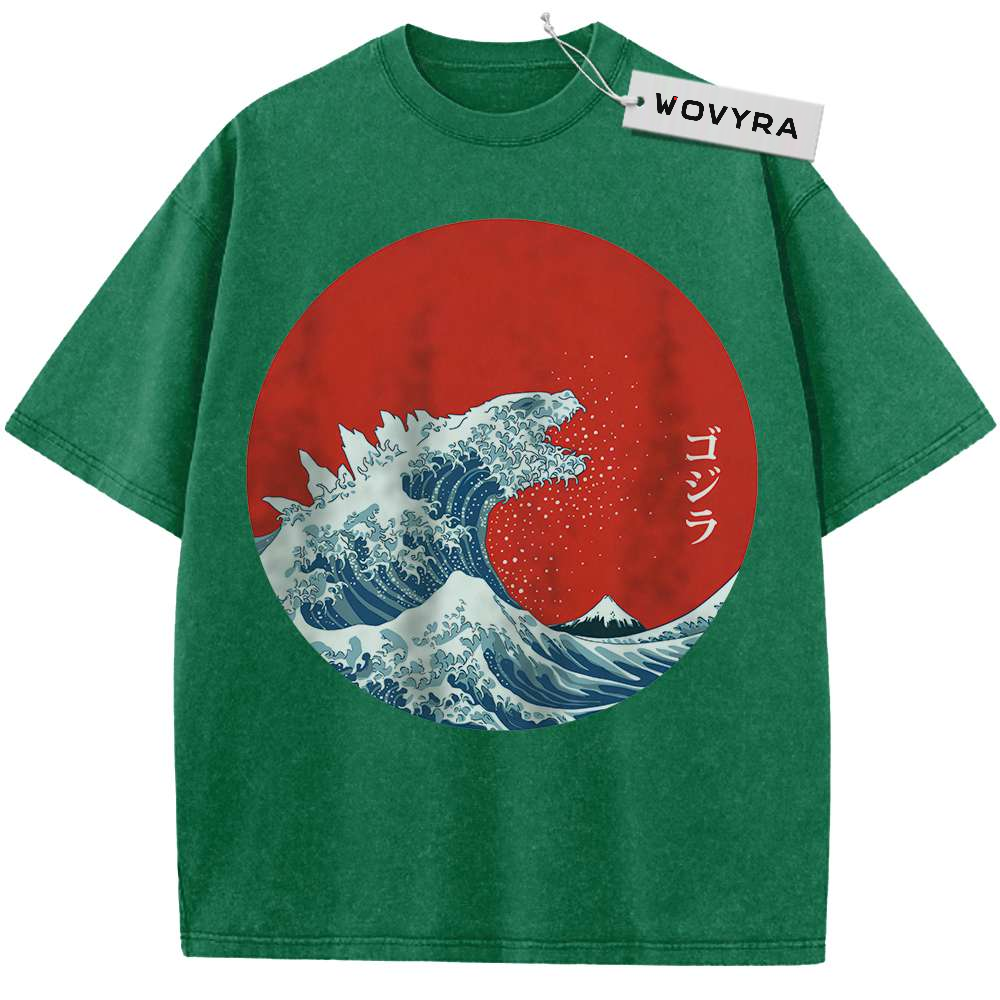 Green kaiju T-shirt with a monster-shaped blue wave and red sun graphic