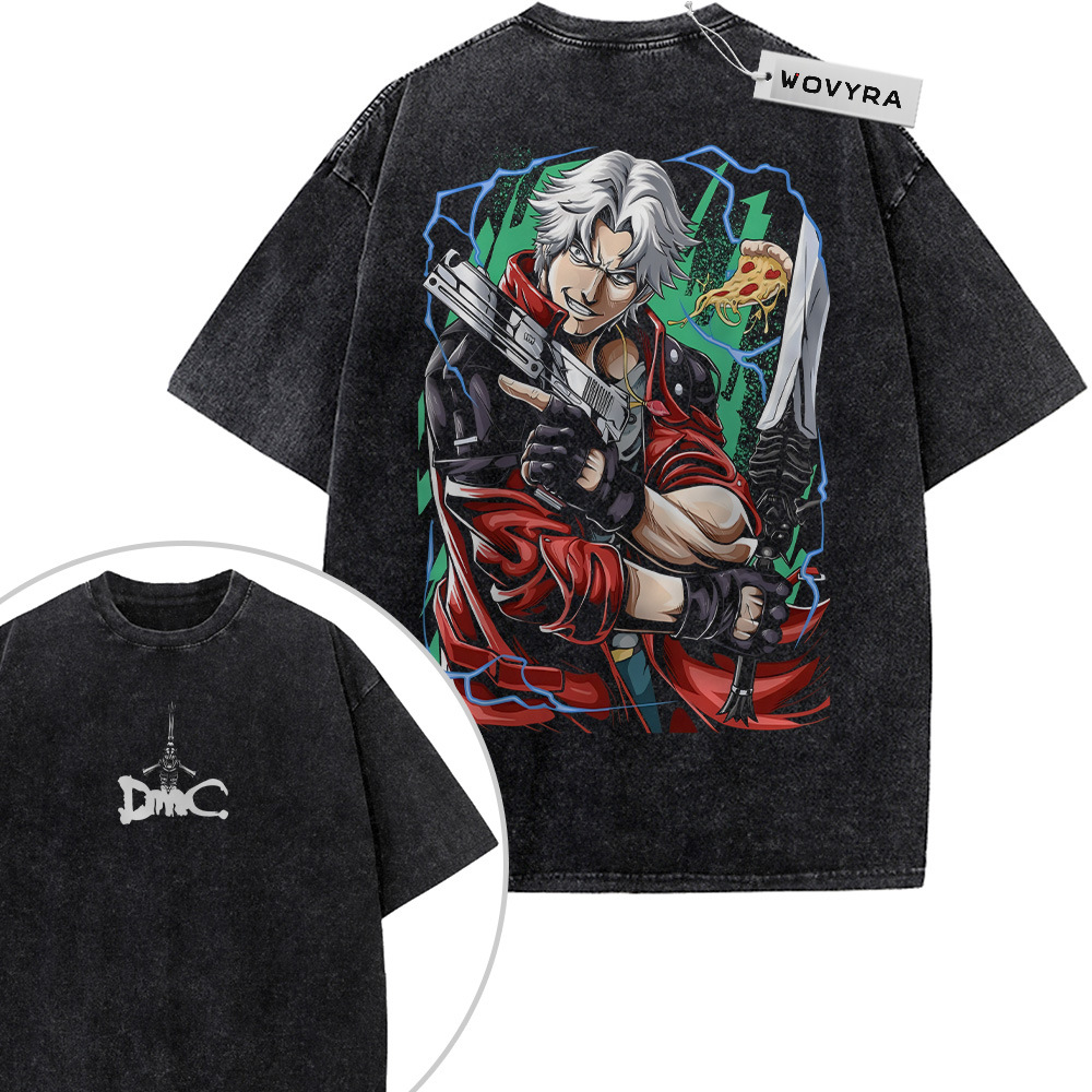 2-sided vintage T-shirt featuring a white-haired Dante illustration with red and teal accents
