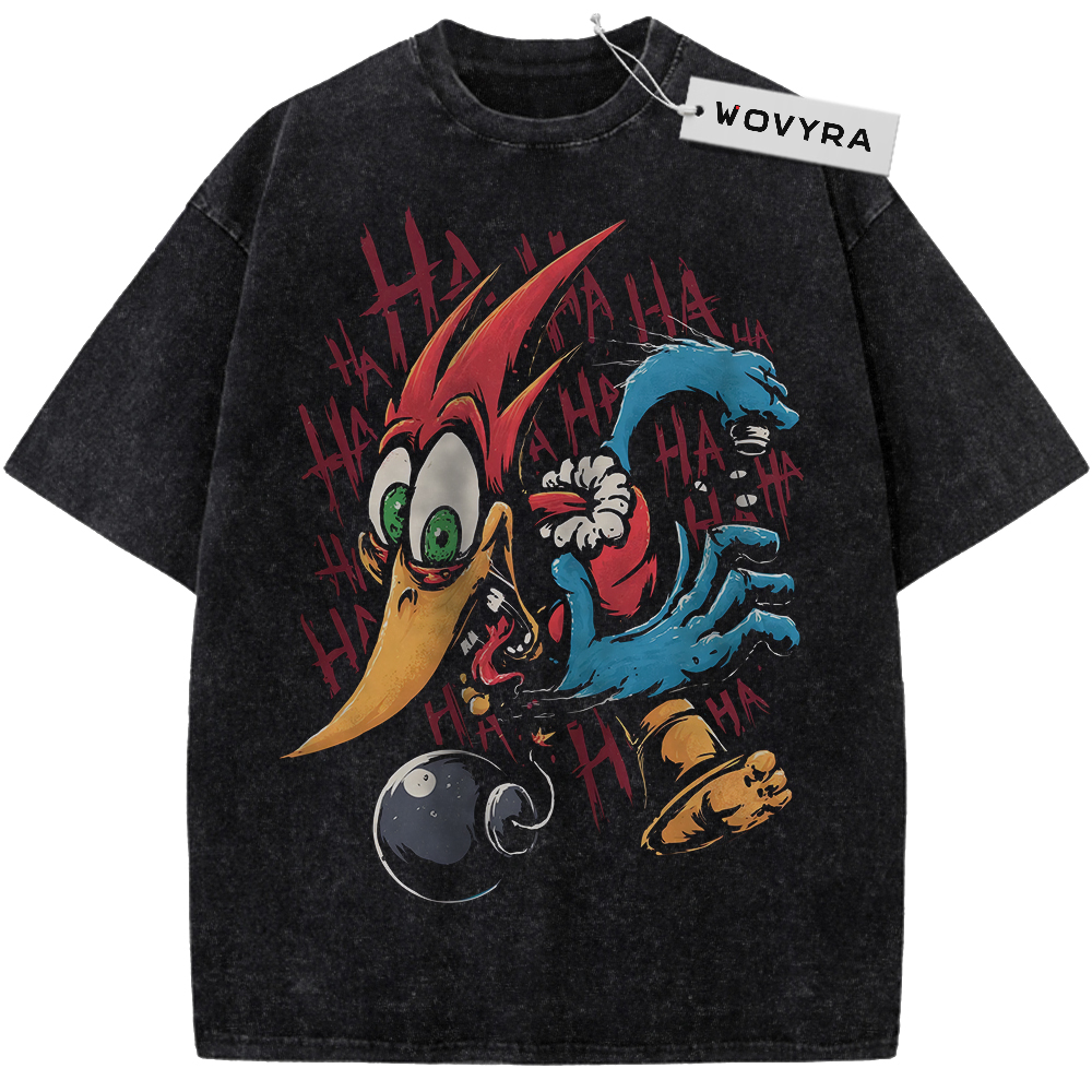 Vintage T-shirt featuring Woody Woodpecker in red and blue with repeated red laughter lettering