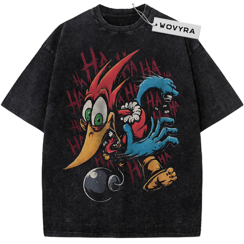 Vintage T-shirt featuring Woody Woodpecker in red and blue with repeated red laughter lettering