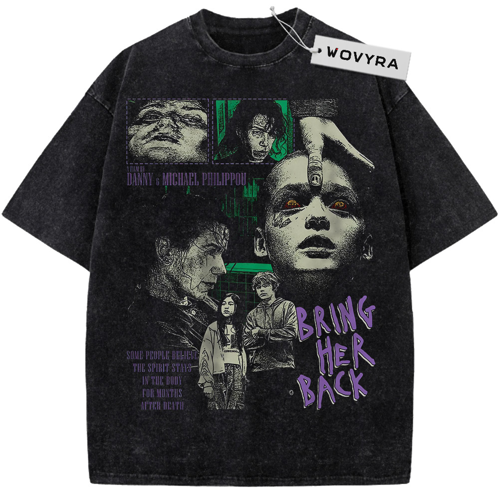 Vintage T-shirt featuring a monochrome horror portrait collage with green panels and purple lettering