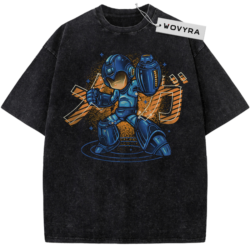 Vintage T-shirt featuring Mega Man in blue armor within a gold-toned mechanical scene