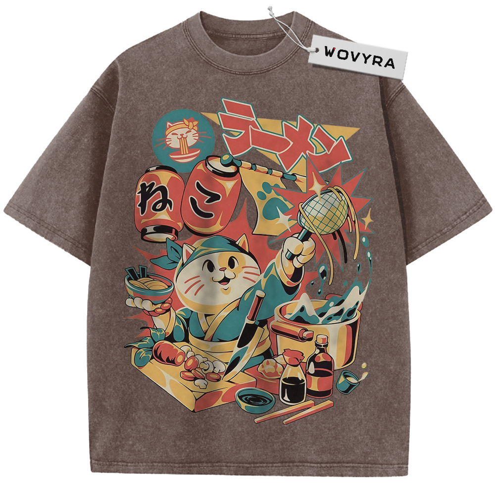 Brown Neko Ramen Cat T-shirt with a colorful cat and noodle-shop collage