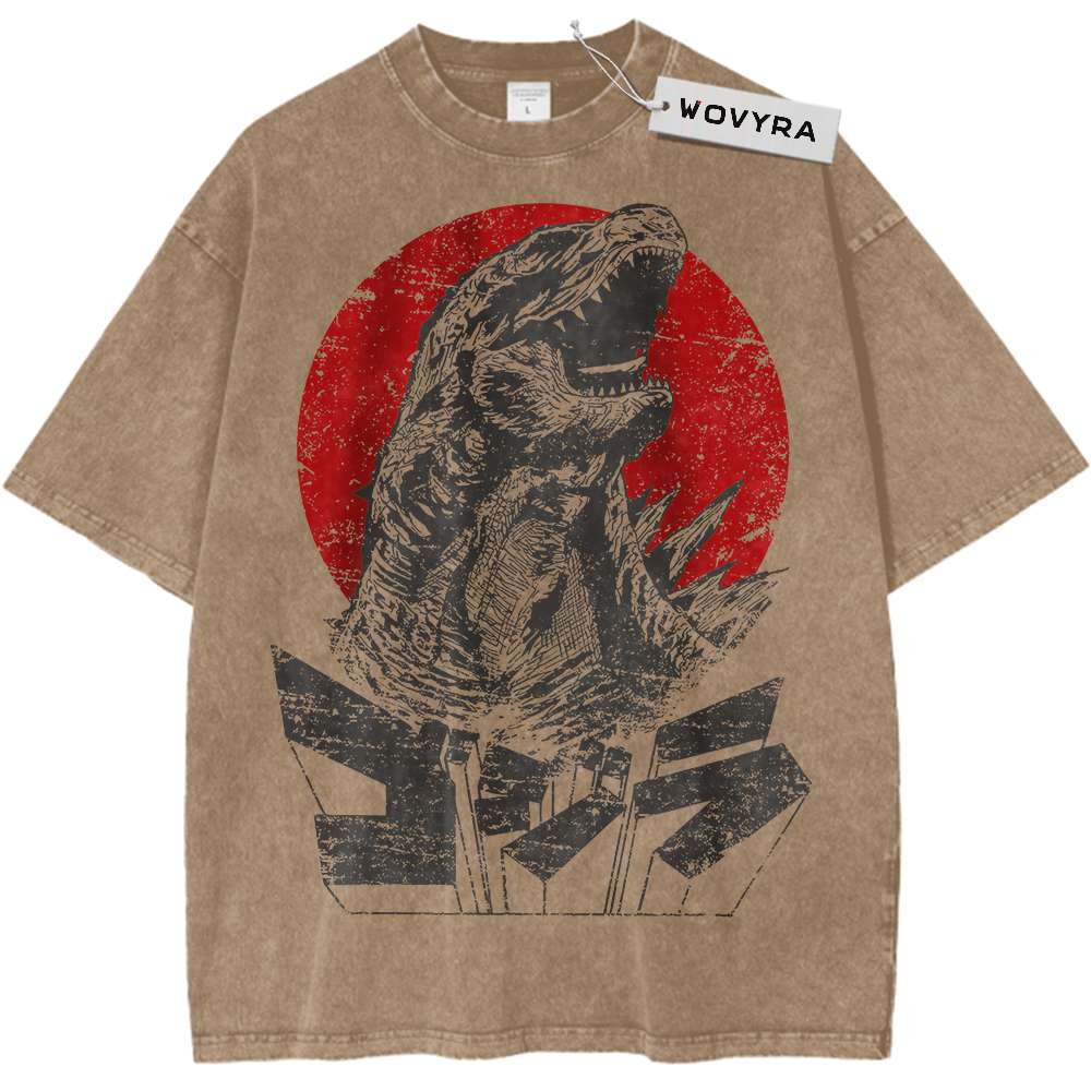 Tan kaiju T-shirt with a roaring monster graphic against a red sun