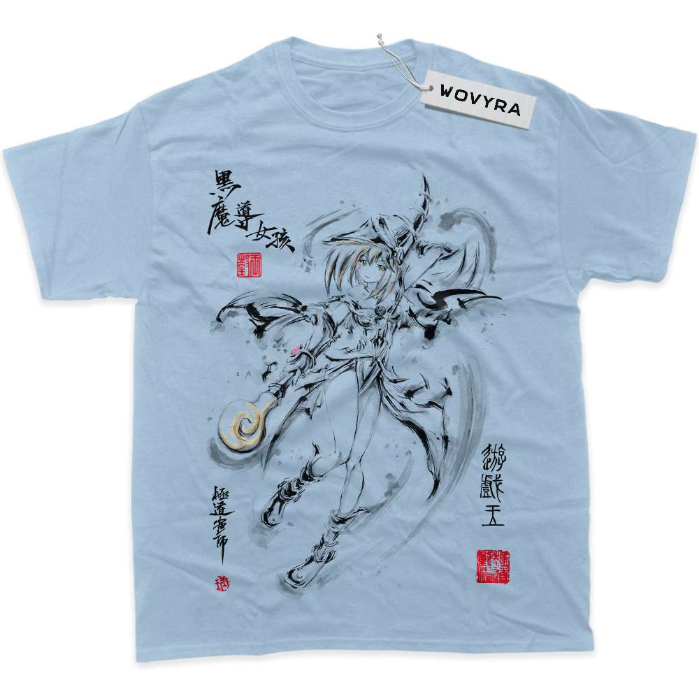 Light blue WOVYRA Dark Magician Girl classic T-shirt with ink-style artwork and red stamp details