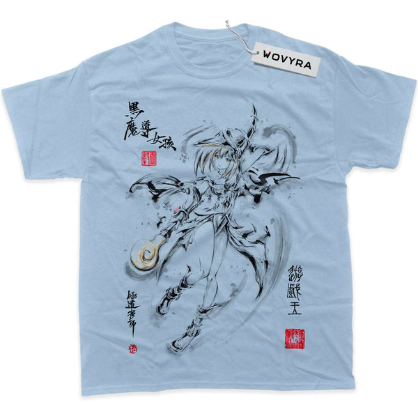 Light blue WOVYRA Dark Magician Girl classic T-shirt with ink-style artwork and red stamp details