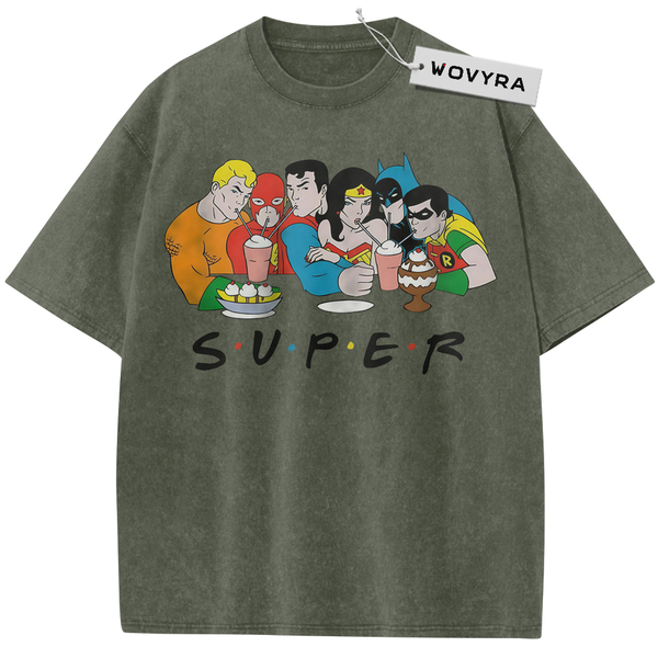 Army Green vintage T-shirt featuring a Justice League cartoon group with cups and SUPER lettering