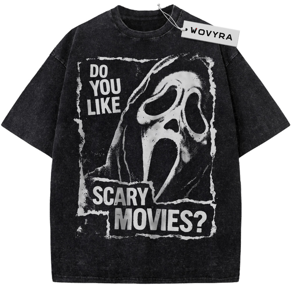 Ghostface Scary Movies Quote Vintage T-Shirt with a large white mask beside Do You Like Scary Movies lettering