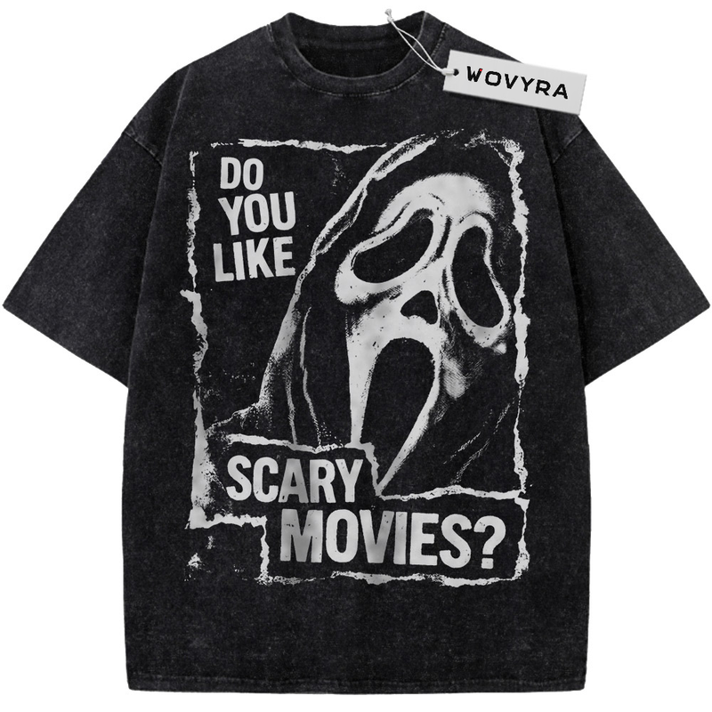 Ghostface Scary Movies Quote Vintage T-Shirt with a large white mask beside Do You Like Scary Movies lettering