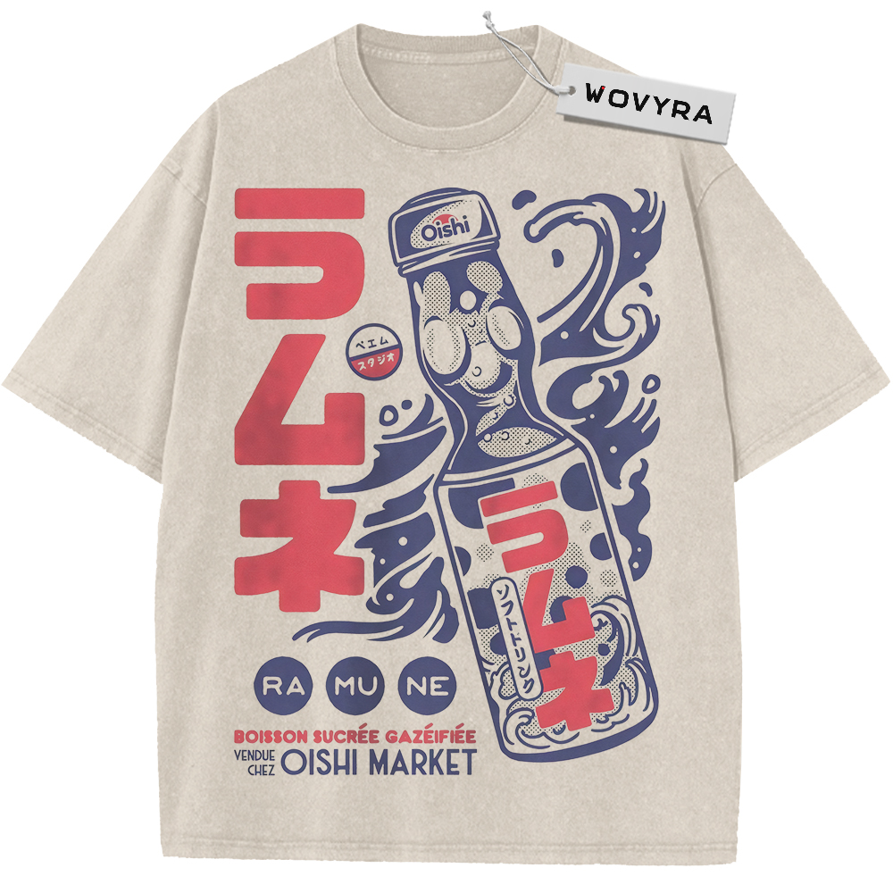 Ramune Soda Bottle Art Vintage T-Shirt with a soda bottle graphic with pink lettering and blue swirls